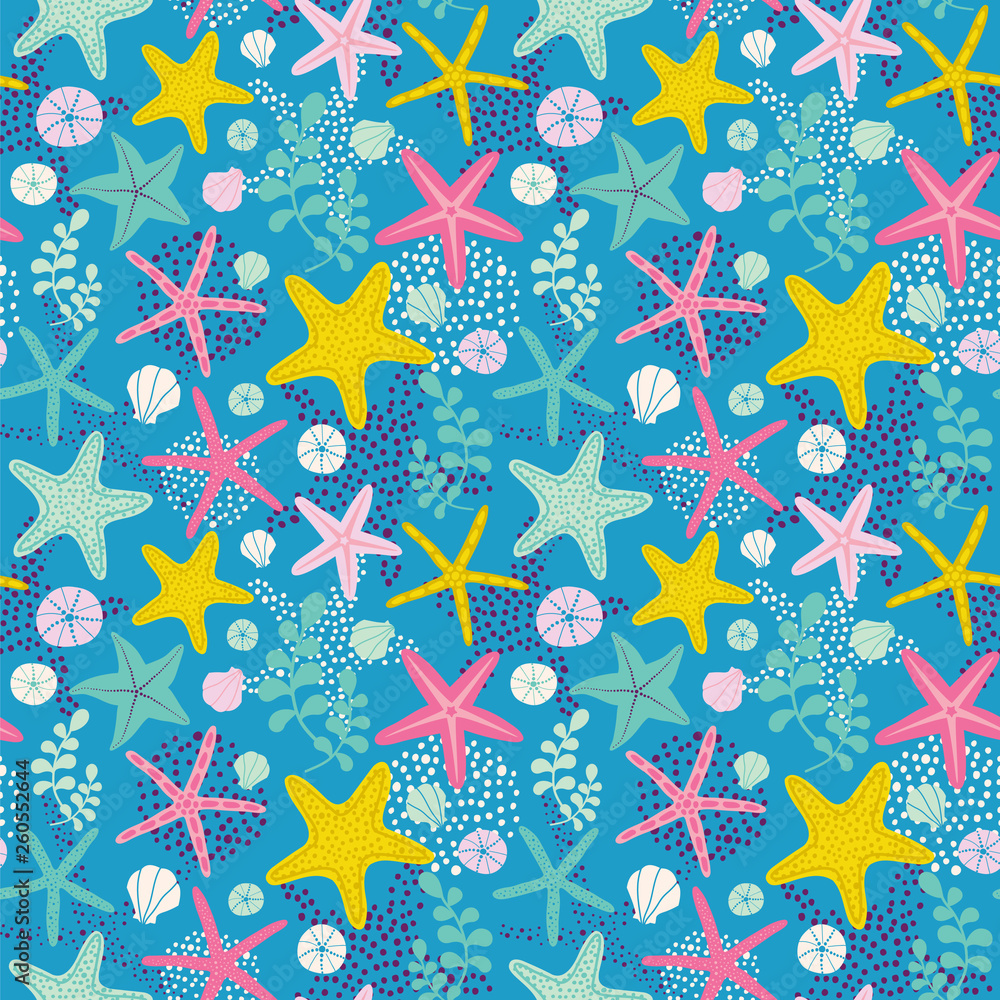 Seamless vector pattern with starfishes and seaweeds. Underwater background. Seamless vector pattern with starfishes and seaweeds. Underwater background.
