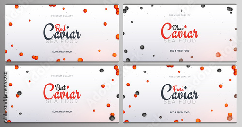 Set of Red and Black Caviar banners. Delicious seafood backgrounds. Caviar vector illustration. Natural and healthy luxury food. Design for fish menu. Vector Illustration.