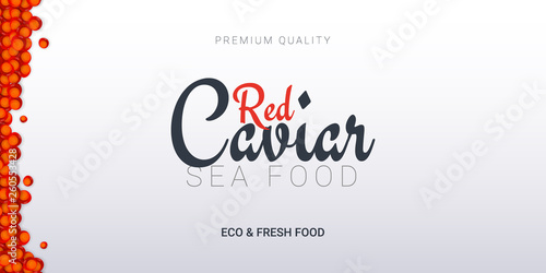 Red Caviar banner. Delicious seafood background. Caviar vector illustration. Natural and healthy luxury food. Design for fish menu. Vector Illustration.