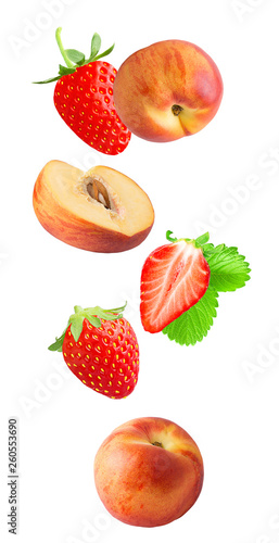 Fototapeta Naklejka Na Ścianę i Meble -  Falling fresh berriy and peaches isolated on white background