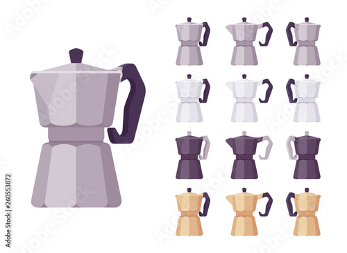 Geyser coffee maker set. Cooking appliance to brew coffee, making moka drink, classic octagon shape. Vector flat style cartoon illustration isolated on white background, different views and colors