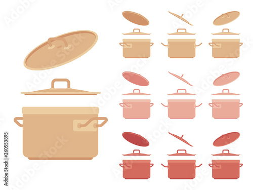 Saucepan set, kitchen appliance. Saucepot for stewing or boiling food, cooking pot, deep utensil with a lid. Vector flat style cartoon illustration isolated on white background, different views, color