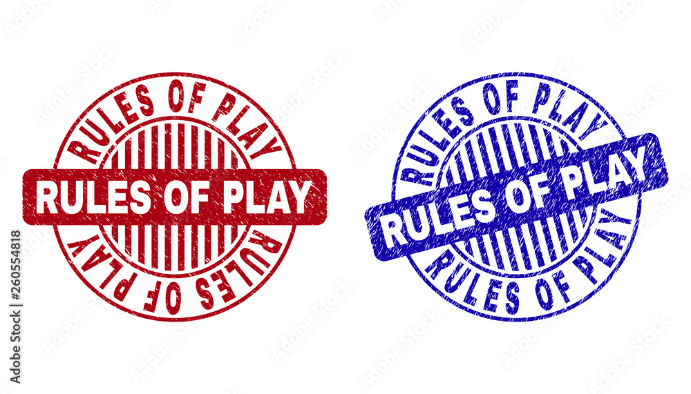 Grunge RULES OF PLAY round stamp seals isolated on a white background. Round seals with grunge texture in red and blue colors. Grunge RULES OF PLAY round stamp seals isolated on a white background. Round seals with grunge texture in red and blue colors.