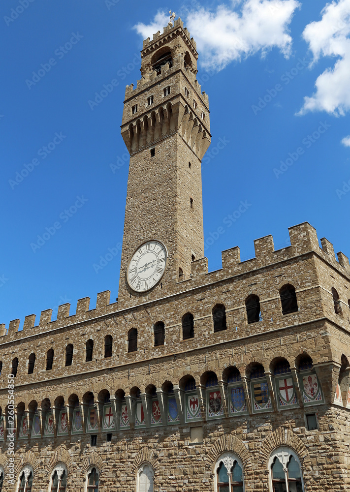 Old Palace and blue sky in Signoria square in Florence Italy