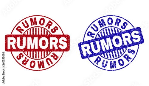 Grunge RUMORS round stamp seals isolated on a white background. Round seals with grunge texture in red and blue colors. Vector rubber imprint of RUMORS tag inside circle form with stripes.