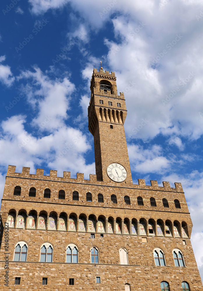 Florence Italy clock tower building called Palazzo Vecchio in th