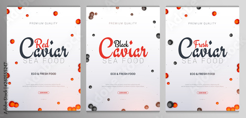 Set of Red and Black Caviar banners. Delicious seafood backgrounds. Caviar vector illustration. Natural and healthy luxury food. Design for fish menu. Vector Illustration.
