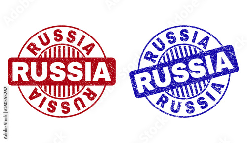 Grunge RUSSIA round stamp seals isolated on a white background. Round seals with grunge texture in red and blue colors. Vector rubber imprint of RUSSIA label inside circle form with stripes.