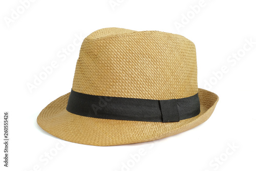 Vintage Straw hat fasion with black ribbon for man isolated on white background. This has clipping path