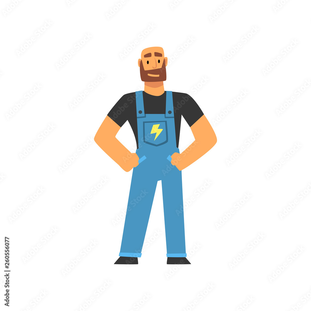 Professional Electrician Character in Blue Overalls Vector Illustration