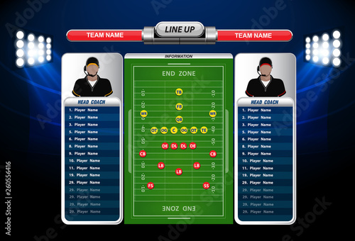 Vector of American football infographic elements on green field background.
