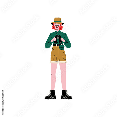 Female Explorer Character in Safari Clothes with Binoculars Vector Illustration