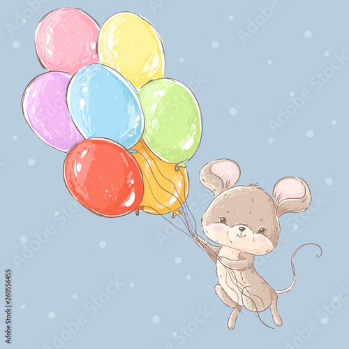 Cute little mouse, with balloons. Hand drawn vector illustration.