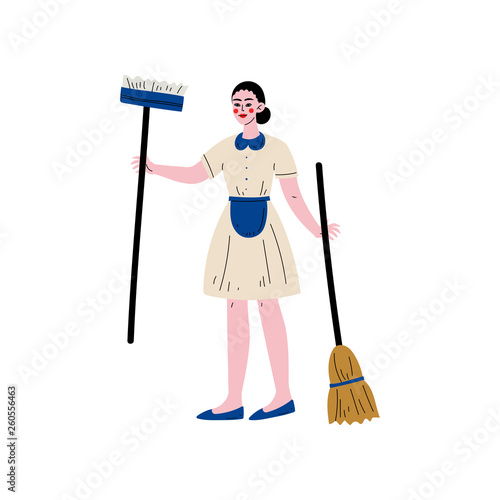 Maid Standing with Mop and Broom, Cleaning Lady Character Wearing Uniform Vector Illustration