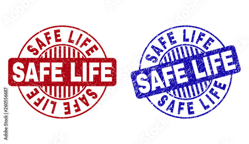 Grunge SAFE LIFE round stamp seals isolated on a white background. Round seals with grunge texture in red and blue colors. Vector rubber imprint of SAFE LIFE tag inside circle form with stripes.