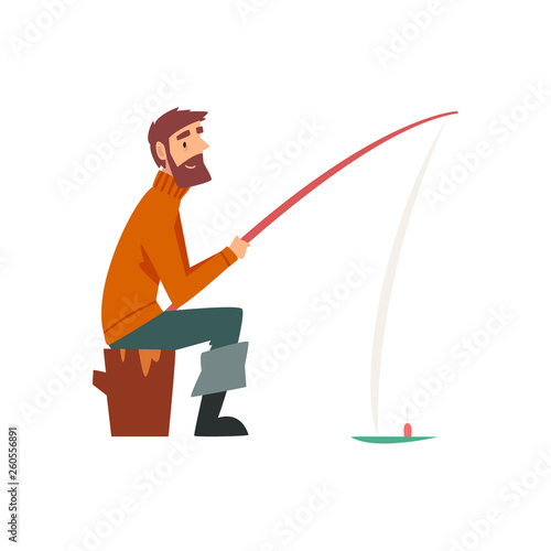 Bearded Fisherman Character Sitting on Shore with Fishing Rod Vector Illustration