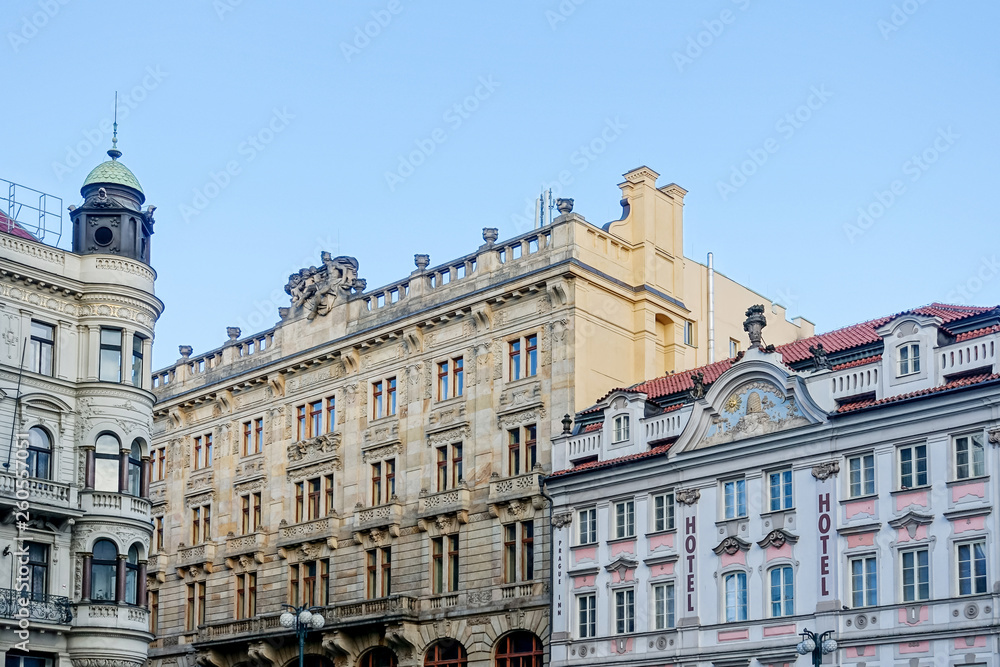 PRAGUE, CZECH REPUBLIC - July 25, 2017 : Beautiful street view of Traditional old buildings in Prague, Czech Republic