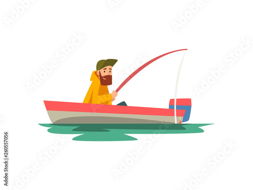 Bearded Fisherman Sitting in Boat with Fishing Rod, Fishman Character Wearing Raincoat Vector Illustration