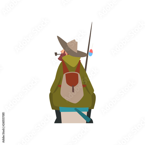 Fisherman Sitting on Shore with Fishing Rod and Backpack, Fishman Character in Hat Smoking Pipe, Back View Vector Illustration
