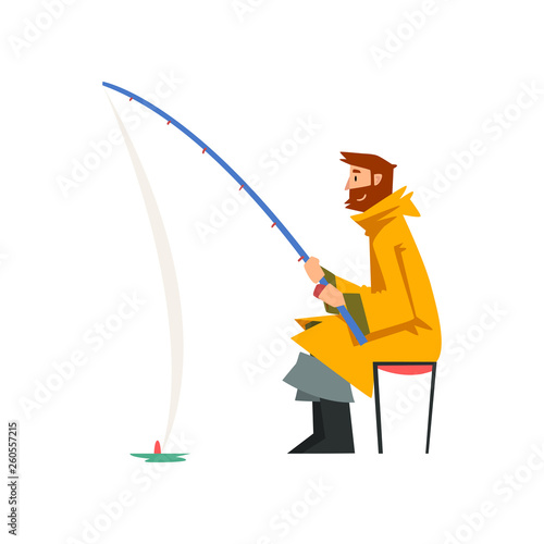 Fisherman Sitting on Shore with Fishing Rod, Fishman Character Wearing Raincoat and Rubber Boots Vector Illustration