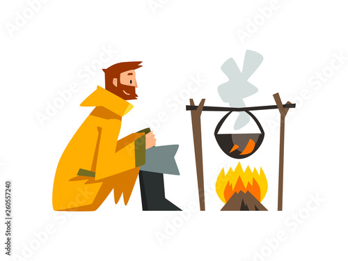 Fisherman Cooking Fish Soup in Cauldron Over Bonfire, Bearded Fishman Character in Raincoat and Rubber Boots Vector Illustration