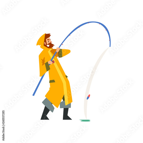 Fisherman Pulling Big Fish with Fishing Rod, Fishman Character in Raincoat and Rubber Boots Vector Illustration
