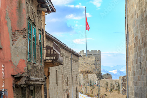 Old city part of Erzurum with view of Ulu mosque and erzurum castle in Erzurum, Turkey photo