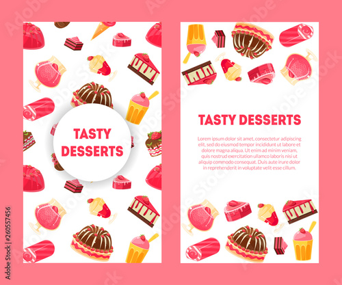 Delicious Desserts and Pastries Banners Set with Place for Text, Confectionery, Candy Shop Design Element Vector Illustration