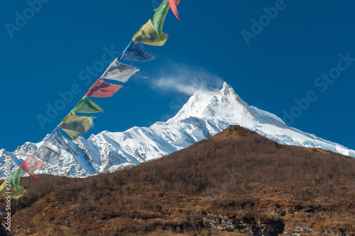 View of snow covered Mount Manaslu (8 156 meters) with prayer flags and forest in the foreground in Himalayas, sunny day at Manaslu Glacier in Gorkha District in northern-central Nepal