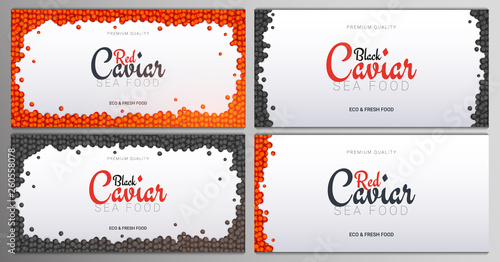Set of Red and Black Caviar banners. Delicious seafood backgrounds. Caviar vector illustration. Natural and healthy luxury food. Design for fish menu. Vector Illustration.