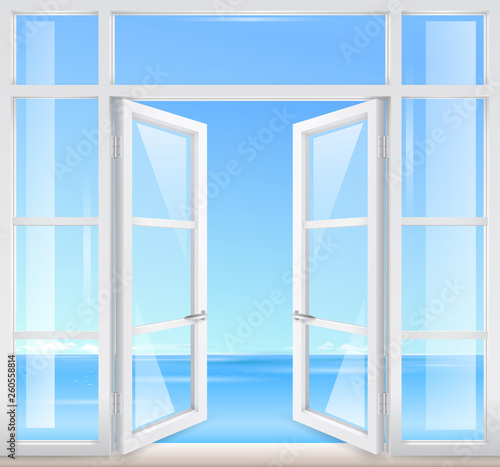 Vintage wooden window with sea view