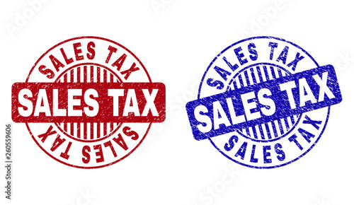 Grunge SALES TAX round stamp seals isolated on a white background. Round seals with grunge texture in red and blue colors. Vector rubber overlay of SALES TAX title inside circle form with stripes.