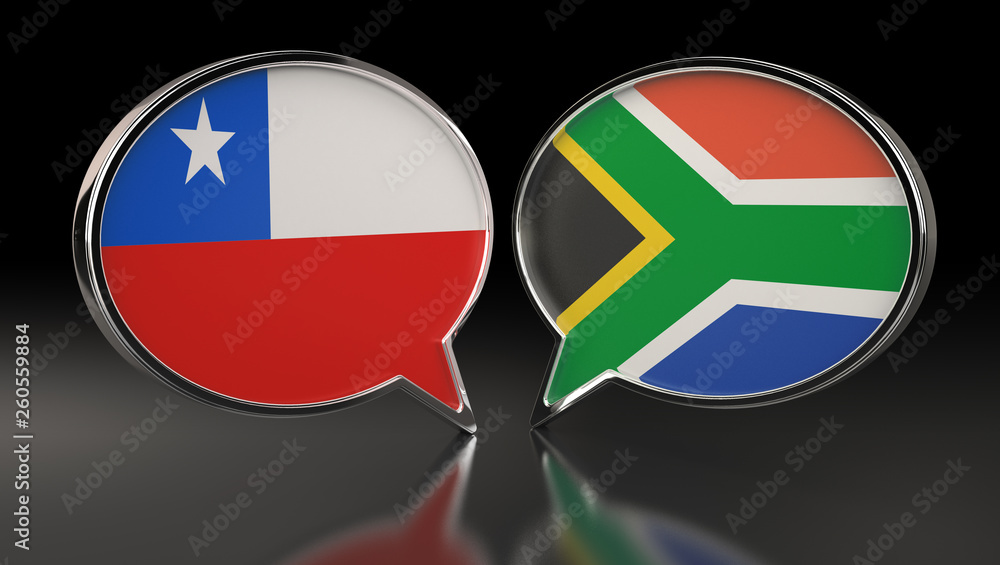Chile and South Africa flags with Speech Bubbles. 3D Illustration Chile and South Africa flags with Speech Bubbles. 3D Illustration