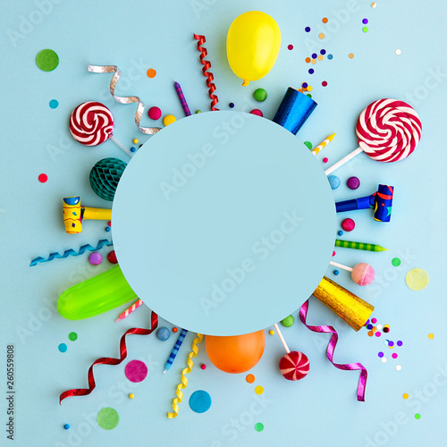 Colorful birthday party flat lay background