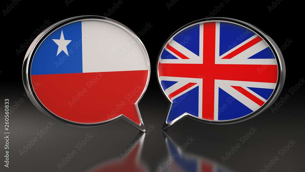 Chile and United Kingdom flags with Speech Bubbles. 3D Illustration Chile and United Kingdom flags with Speech Bubbles. 3D Illustration