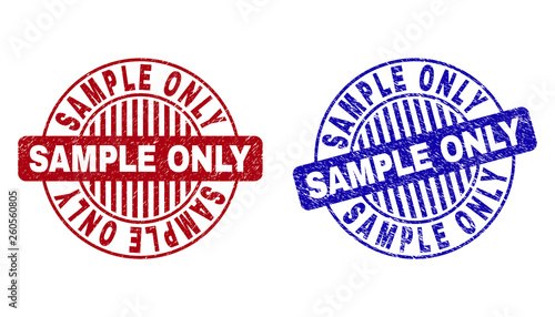 Grunge SAMPLE ONLY round stamp seals isolated on a white background. Round seals with grunge texture in red and blue colors. Vector rubber overlay of SAMPLE ONLY tag inside circle form with stripes.