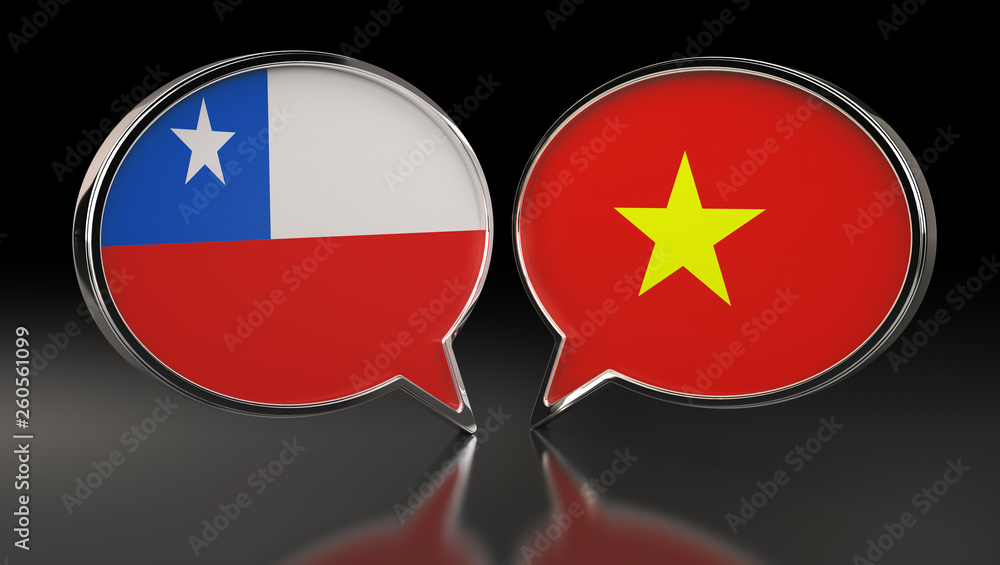 Chile and Vietnam flags with Speech Bubbles. 3D Illustration