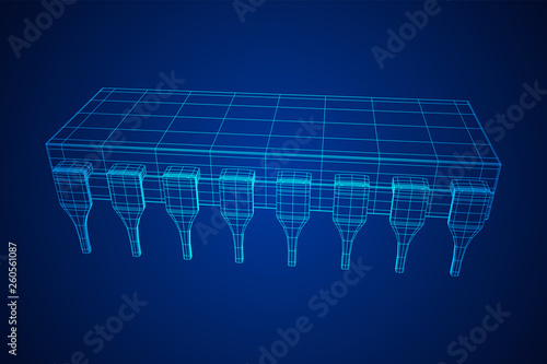 Microchip quantum processor, micro-processor with board electronic CPU wireframe low poly mesh vector illustration