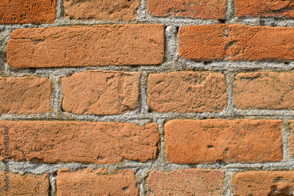 Obraz premium Brick wall close-up. Brick laying on cement mortar.