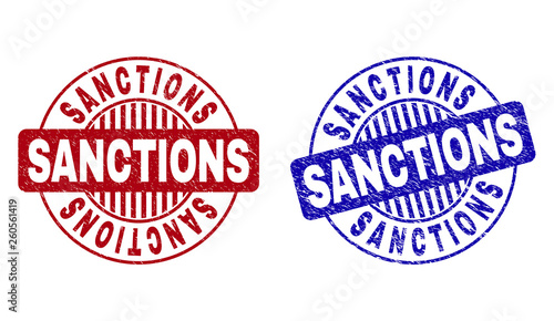 Grunge SANCTIONS round stamp seals isolated on a white background. Round seals with grunge texture in red and blue colors. Vector rubber watermark of SANCTIONS caption inside circle form with stripes.