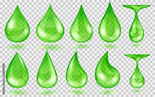 Set of translucent water drops in green colors in various shapes, isolated on transparent background. Transparency only in vector format