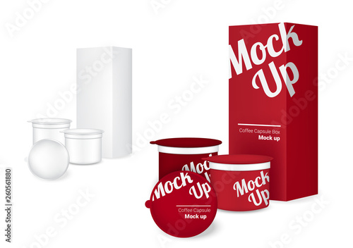 3D Mock up Realistic Coffee Capsule Packaging and Box for Drink product on white Background.