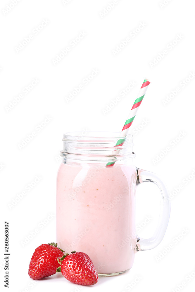 Strawberry smoothie in glass jar with straw on white background Strawberry smoothie in glass jar with straw on white background