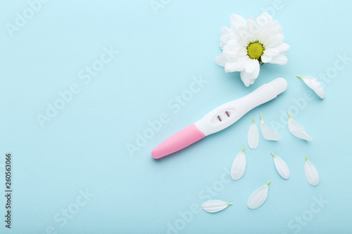 Pregnancy test with chrysanthemum flowers on blue background photo