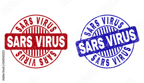 Grunge SARS VIRUS round stamp seals isolated on a white background. Round seals with grunge texture in red and blue colors. Vector rubber overlay of SARS VIRUS text inside circle form with stripes.
