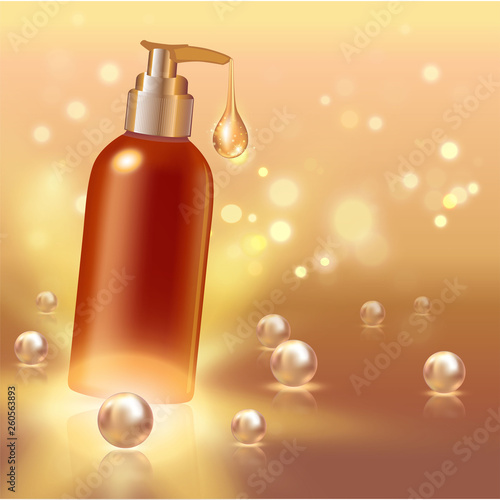 Realistic cosmetic tube with gold drop and pearls. Ad concept for collagen or moisturizing creme or liquid. Background with lighting effect.