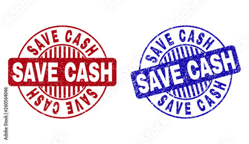 Grunge SAVE CASH round stamp seals isolated on a white background. Round seals with distress texture in red and blue colors. Vector rubber imprint of SAVE CASH text inside circle form with stripes.