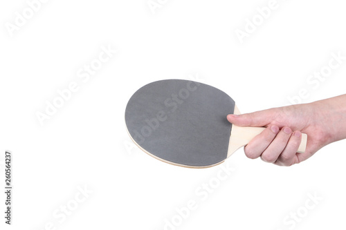Hand holding table tennis racket on white background