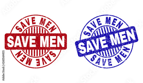 Grunge SAVE MEN round stamp seals isolated on a white background. Round seals with grunge texture in red and blue colors. Vector rubber watermark of SAVE MEN caption inside circle form with stripes.