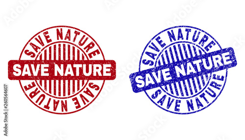 Grunge SAVE NATURE round stamp seals isolated on a white background. Round seals with distress texture in red and blue colors.
